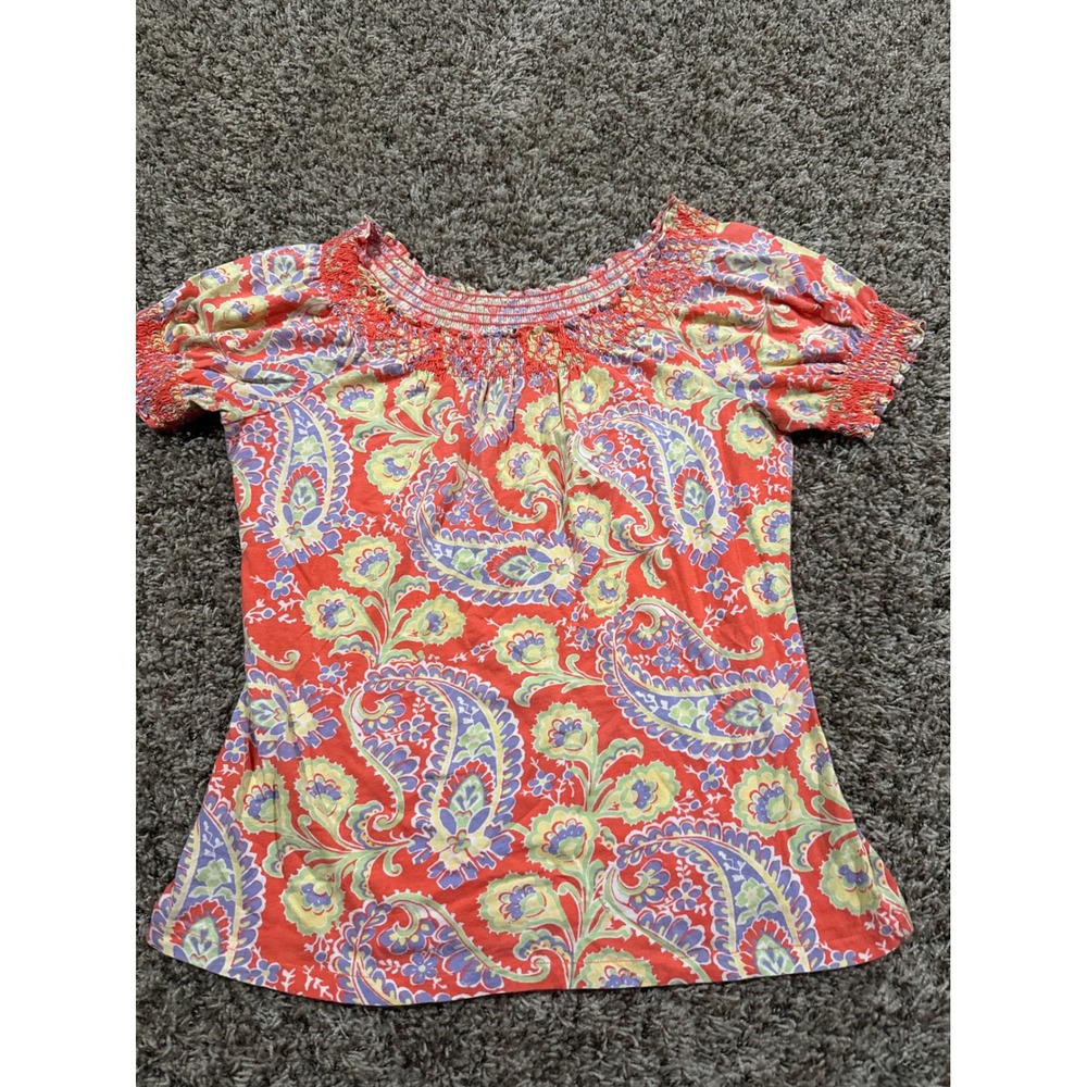 Lauren Ralph Lauren Womens Red Paisley Smocked Scoop Neck Cotton Blouse Medium